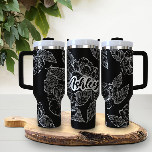 Tumbler- Personalized Stainless Steel Tumbler with Name & Floral Design - Gift for Her