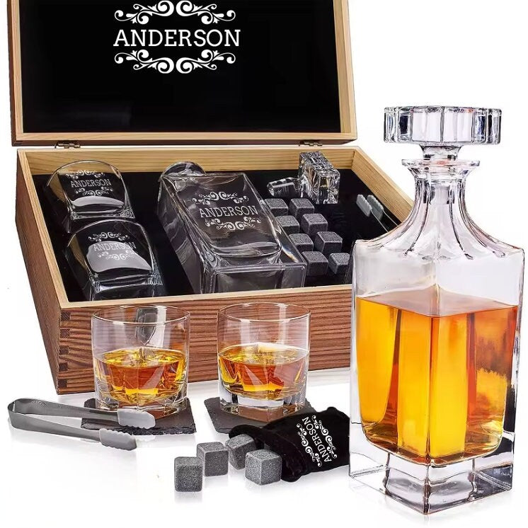 Personalized Whiskey Glass Set with Wooden Box